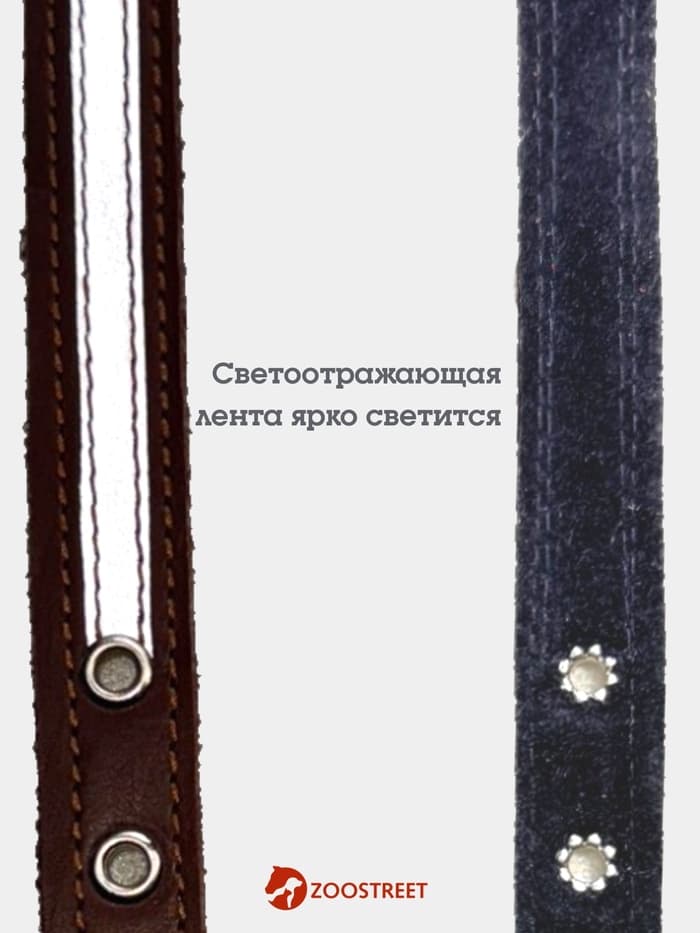 Ошейник, 35×1.5 см, с подкладом и светоотражающей лентой, кожа, коричневый