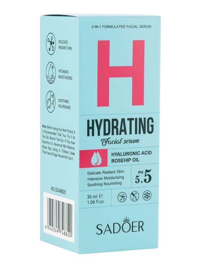 Увлажняющая сыворотка для лица Sadoer с гиалуроновой кислотой, экстракт шиповника, 30 мл