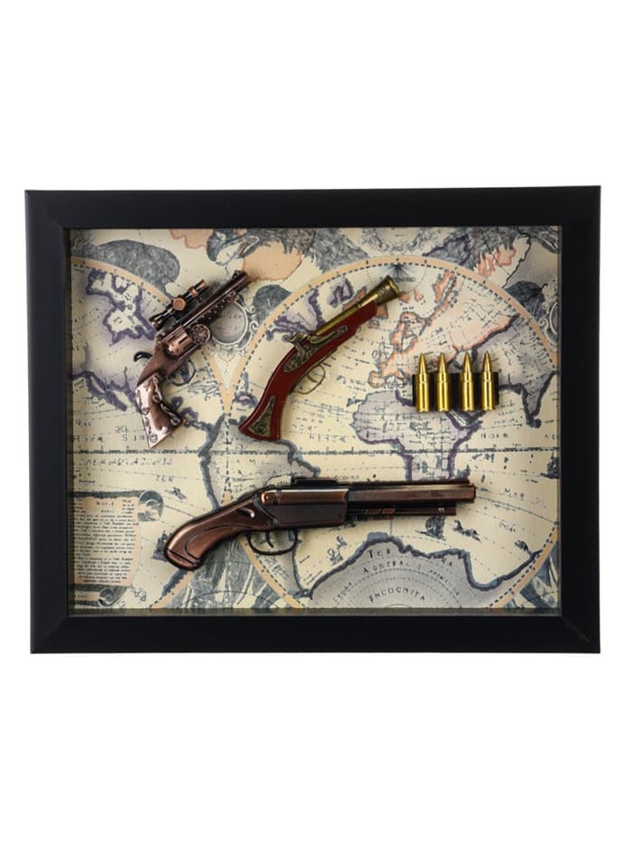 Панно настенное в раме с макетом оружия сувенирного «Карта. Револьверы и 4 пули», 35×43×4.5 см