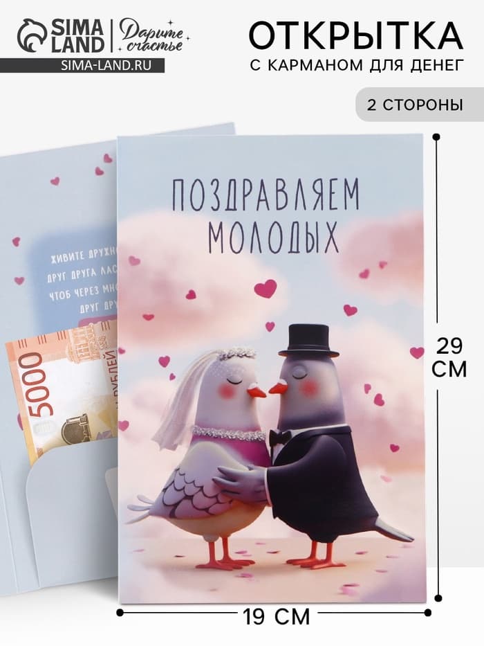 Открытка поздравительная с карманом для денег «Свадьба», голуби, 19 х 29 см