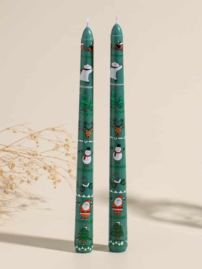 Набор свечей античных, 2.2×25 см, 2 шт. «Новогодние персонажи», зелёные, 8×28×2.3 см