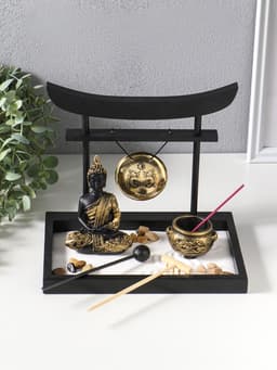 Японский сад камней настольный «Дзен. Будда у гонга», с подставкой для благовоний и набором аксессуаров, 16×22×19 см