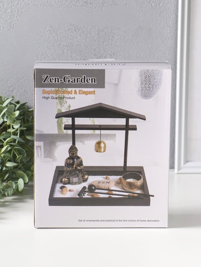 Японский сад камней настольный «Дзен. Будда у гонга», с подставкой для благовоний и набором аксессуаров, 16×22×19 см