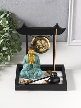 Японский сад камней настольный «Дзен. Будда в бирюзовом у гонга», с подставкой для благовоний и набором аксессуаров, 13.2×15×16 см