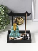 Японский сад камней настольный «Дзен. Будда в бирюзовом у гонга», с подставкой для благовоний и набором аксессуаров, 13.2×15×16 см