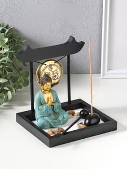 Японский сад камней настольный «Дзен. Будда в бирюзовом у гонга», с подставкой для благовоний и набором аксессуаров, 13.2×15×16 см