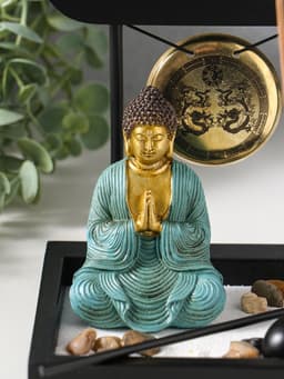 Японский сад камней настольный «Дзен. Будда в бирюзовом у гонга», с подставкой для благовоний и набором аксессуаров, 13.2×15×16 см