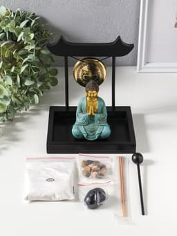 Японский сад камней настольный «Дзен. Будда в бирюзовом у гонга», с подставкой для благовоний и набором аксессуаров, 13.2×15×16 см