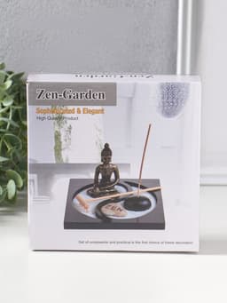 Японский сад камней настольный «Дзен. Будда в бирюзовом у гонга», с подставкой для благовоний и набором аксессуаров, 13.2×15×16 см