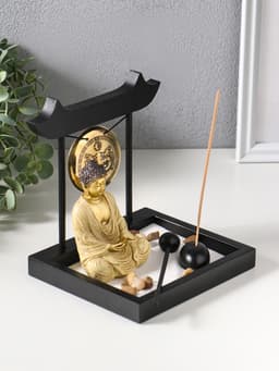 Японский сад камней настольный «Дзен. Будда в кремовом у гонга», с подставкой для благовоний и набором аксессуаров, 13.2×15×16 см