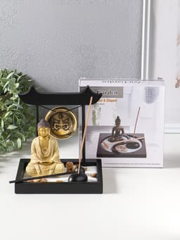 Японский сад камней настольный «Дзен. Будда в кремовом у гонга», с подставкой для благовоний и набором аксессуаров, 13.2×15×16 см