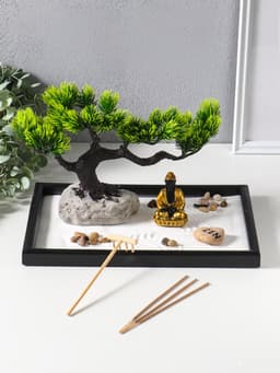 Японский сад камней настольный «Дзен. Будда у раскидистого дерева», с подставкой для благовоний и набором аксессуаров, 29.7×19.8×18 см