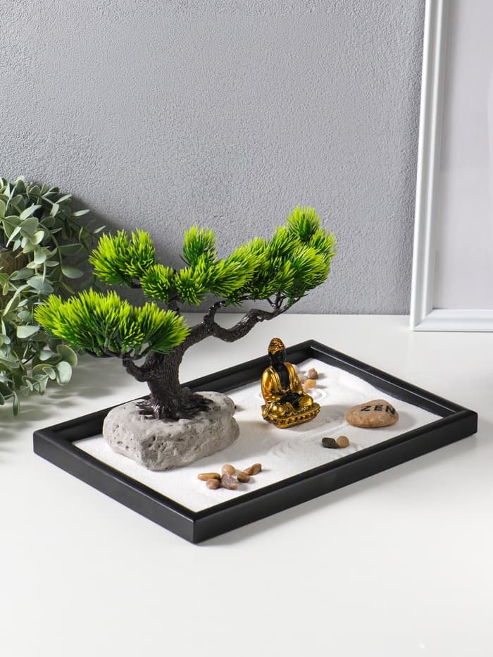 Японский сад камней настольный «Дзен. Будда у раскидистого дерева», с подставкой для благовоний и набором аксессуаров, 29.7×19.8×18 см