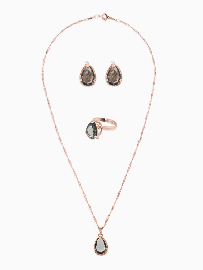 Гарнитур 3 предмета: серьги, кулон, кольцо безразмерное «Эдель», капля, серые в золоте, 45 см