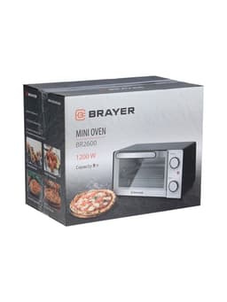 Мини - печь BRAYER 2600BR, 1200 Вт, 9 л, 65-230°С, таймер до 15 мин, противень, решётка, чёрная