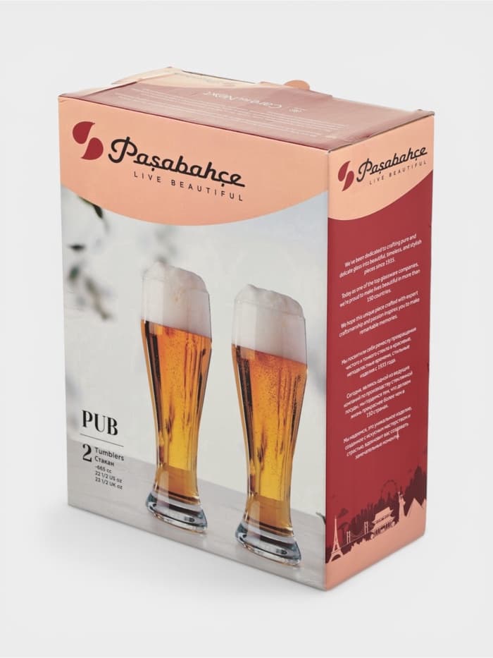 Пивные бокалы Paşabahçe Pub, 660 мл, набор 2 шт., стекло, прозрачные