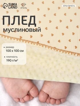 Плед двухслойный «Этель. Сердечки», 100×100 см, муслин, вельбоа
