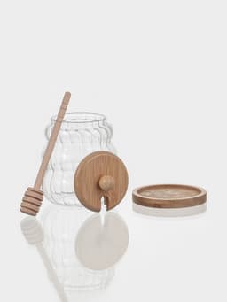 Баночка для мёда и варенья «Эко. Рельеф», 9×12.5 см, с бамбуковой крышкой и ложной, на подставке, стекло, прозрачная