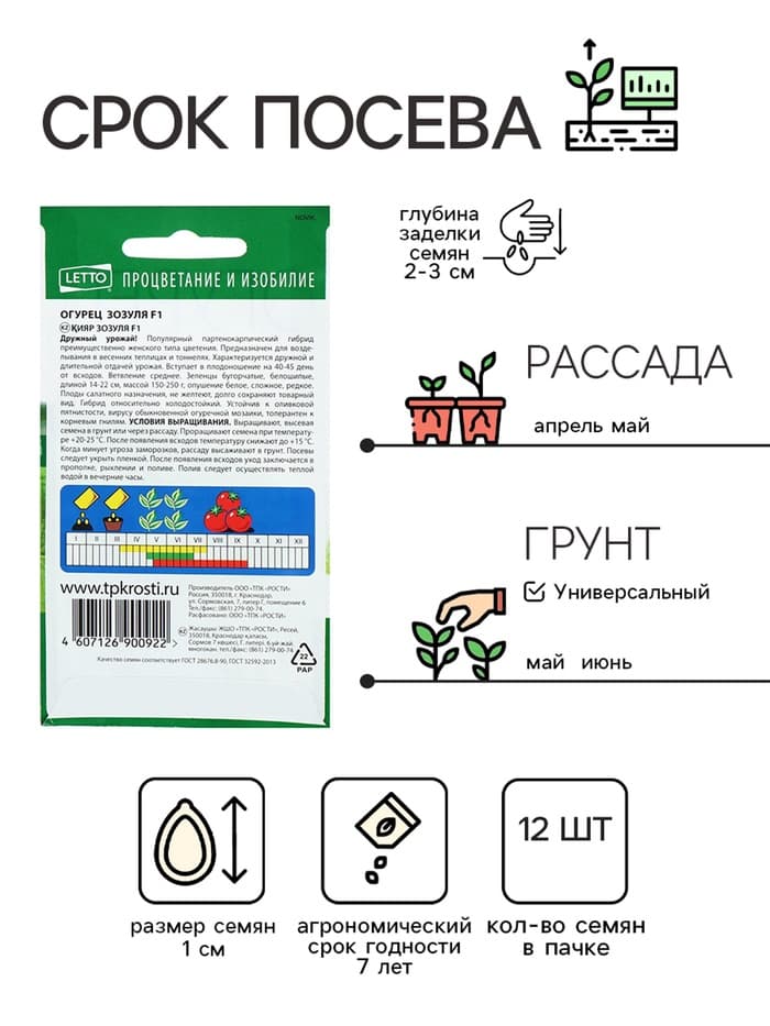 Семена Огурец Зозуля F1, партенокарпический, раннеспелый, 12 шт