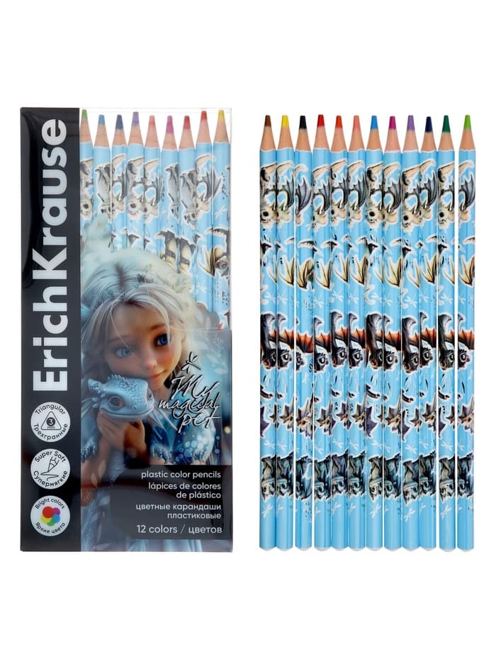 Карандаши 12 цветов ErichKrause Magic Pet, пластиковые, трехгранные, 3 мм, в ПЭТ-боксе с европодвесом