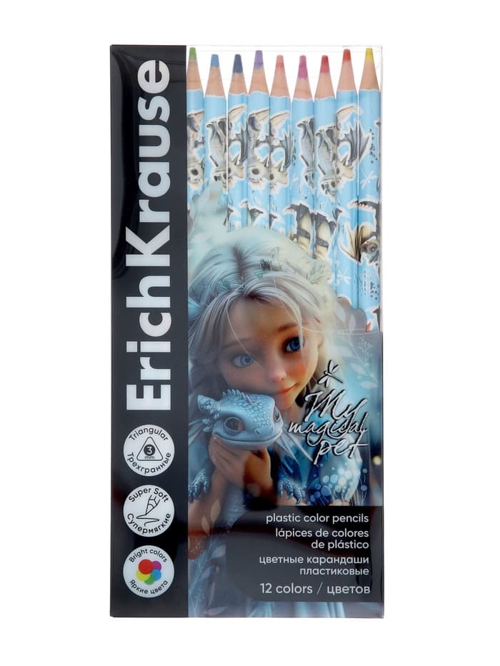 Карандаши 12 цветов ErichKrause Magic Pet, пластиковые, трехгранные, 3 мм, в ПЭТ-боксе с европодвесом