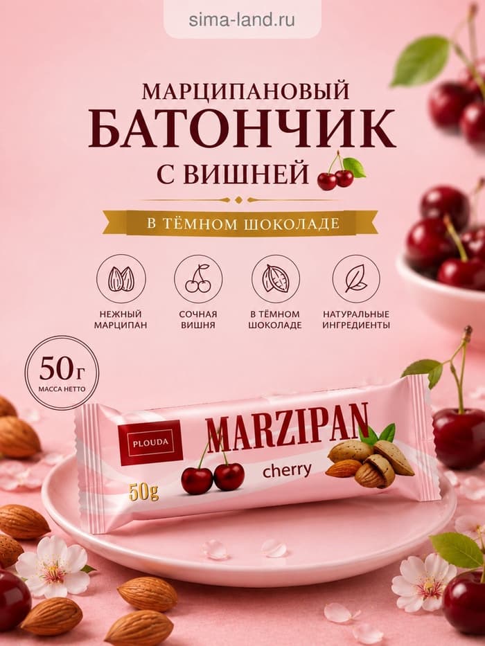 Марципановый батончик с вишней в тёмном шоколаде, 50 г