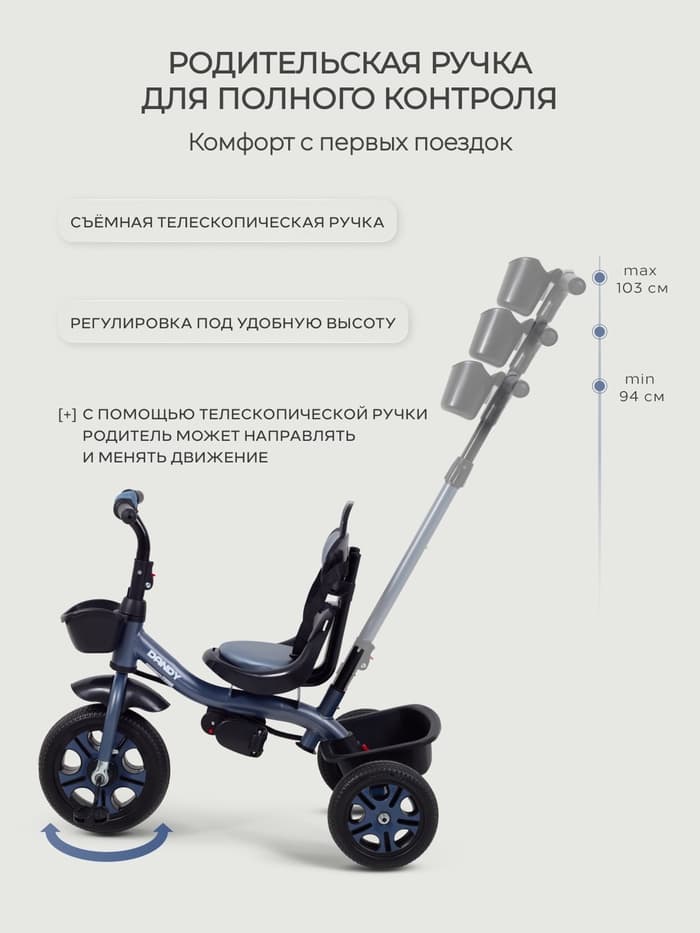 Велосипед детский трёхколёсный RANT basic RB252 DANDY, с родительской ручкой, диаметр колёс 10" и 8", синий