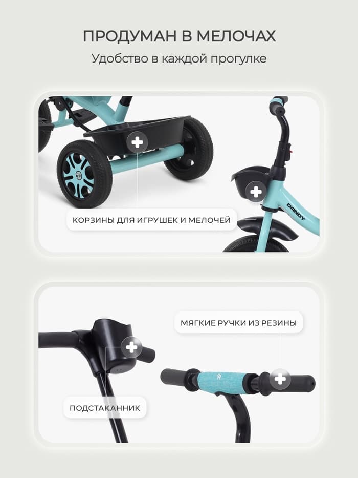 Велосипед детский трёхколёсный RANT basic RB252 DANDY, с родительской ручкой, диаметр колёс 10" и 8", цвет мята