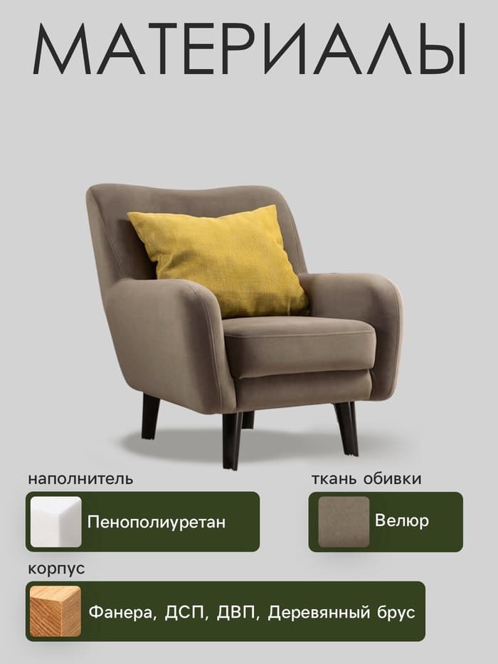 Кресло мягкое «Дакота», обивка велюр, серо - коричневое
