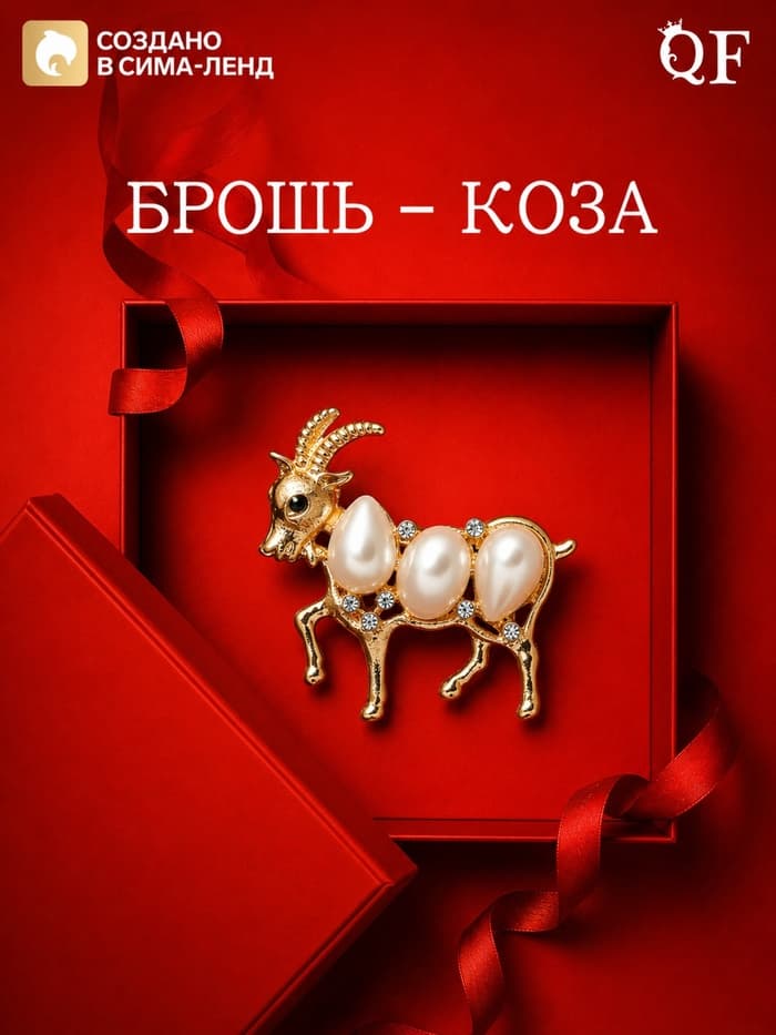 Брошь новогодняя «Жемчуг. Коза», белая в золоте