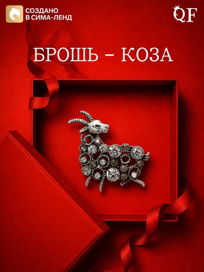 Брошь новогодняя «Коза вензель», бело-серая в чернёном серебре