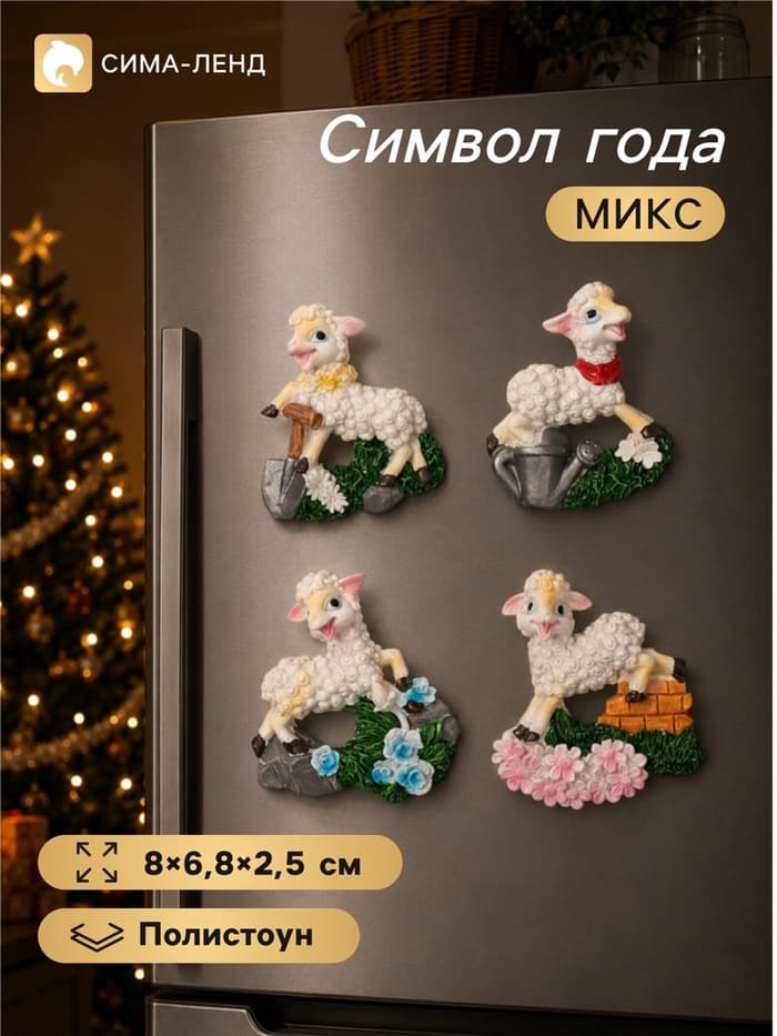 Магнит на холодильник «Барашек в саду», полистоун, 8×6.8×2.5 см, МИКС
