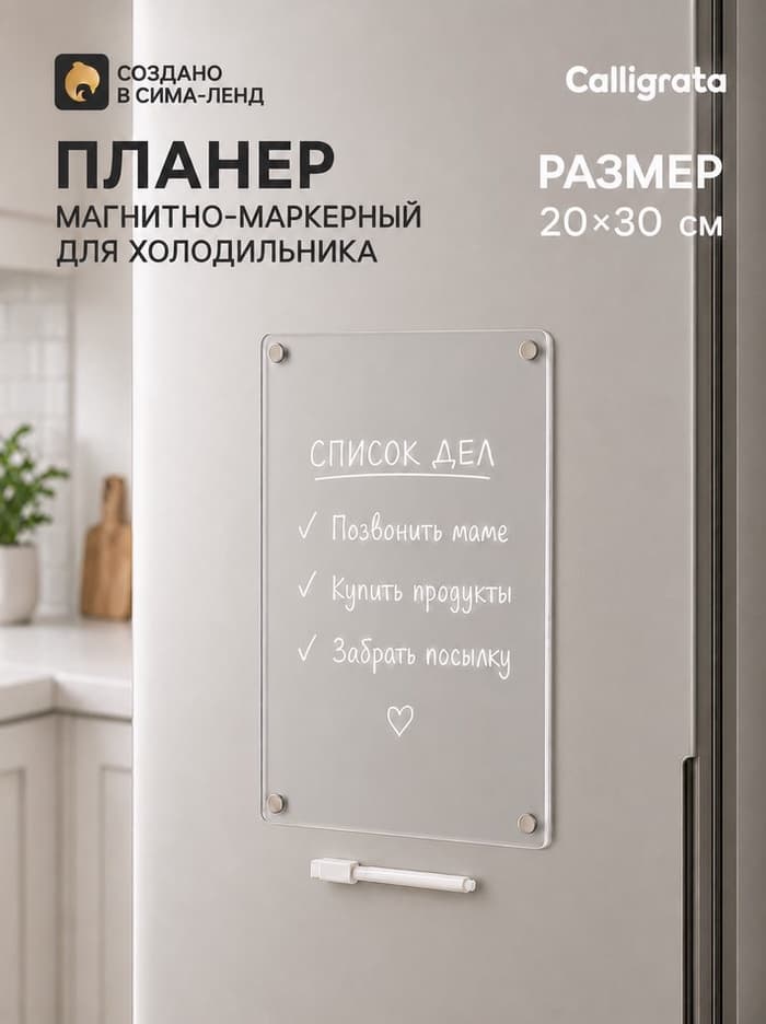 Планер магнитно-маркерный на холодильник, прозрачный, с маркером, 20×30 см