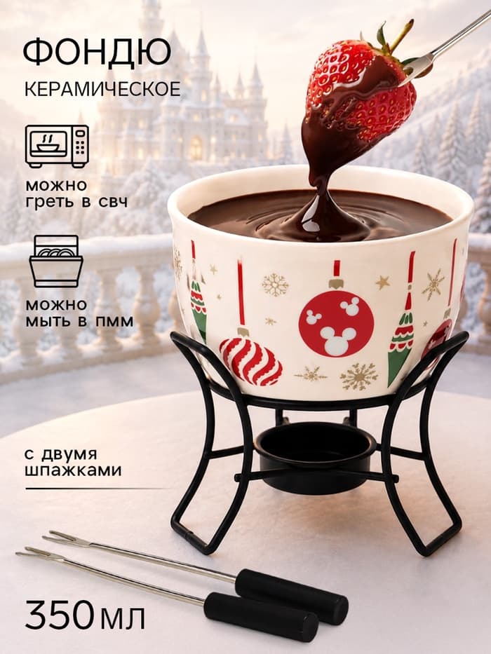 Фондю керамическое новогоднее, 2 шпажки, «Мышка. Елочные шары»