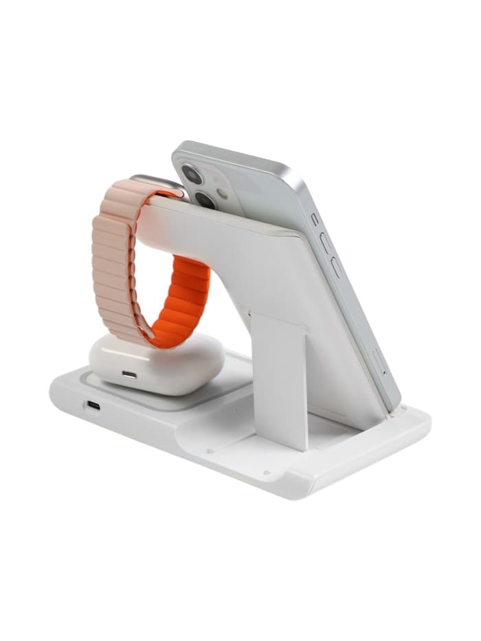 Зарядная станция 3 в 1, 3 А, 15 W, подсветка, кабель USB-Type-C, белая