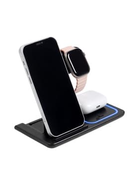 Зарядная станция 3 в 1, 3 А, 15 W, подсветка, кабель USB-Type-C, черная