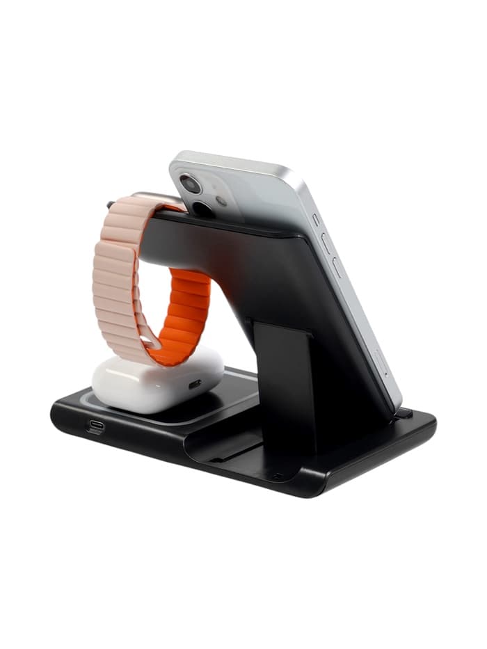 Зарядная станция 3 в 1, 3 А, 15 W, подсветка, кабель USB-Type-C, черная