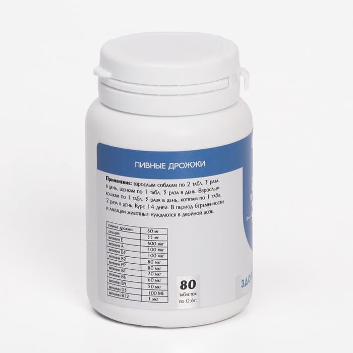 Пивные дрожжи «Здоровые кости» для кошек и собак, с кальцием, 80 таб
