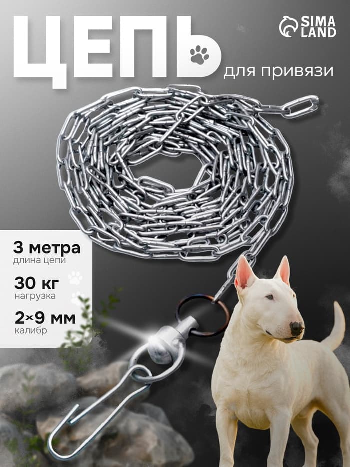 Цепь для привязи собак, 3 м, калибр 2×9 мм, белая