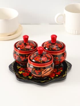 Набор для специй на подставке «Земляничка», 15×15×6 см, дерево, хохлома