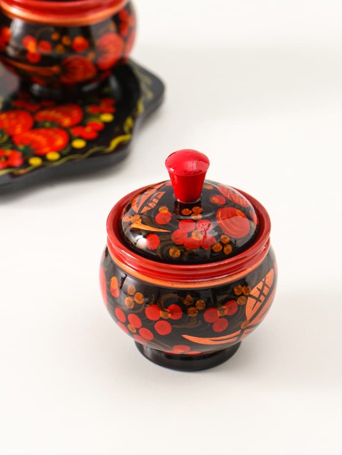 Набор для специй на подставке «Земляничка», 15×15×6 см, дерево, хохлома