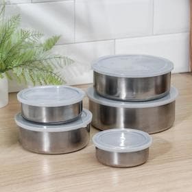 Набор мисок «Сталь», 5 шт.: d=18 см, 850 мл/d=16 см, 600 мл/d=14 см, 450 мл/d=12 см, 250 мл/d=10 см, 150 мл, с крышками, нержавеющая сталь, серебристый