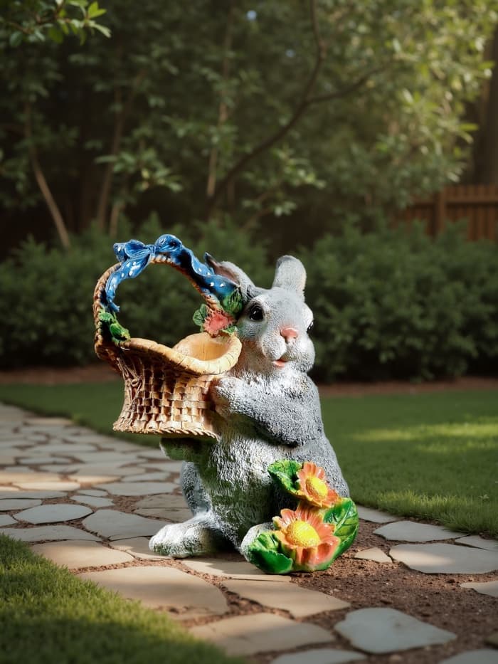 Садовая фигура из полистоуна «Зайка с лукошком», 33.5×28×28 см