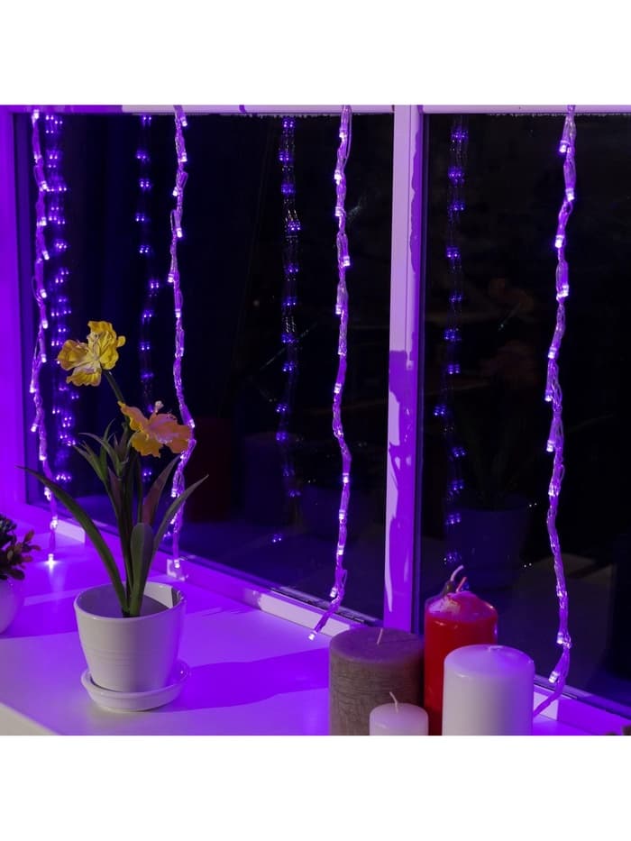 Гирлянда «Водопад» 2×1.5 м, IP20, прозрачная нить, 400 LED, свечение фиолетовое, 8 режимов, 220 В