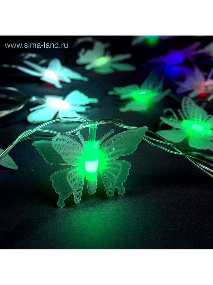 Гирлянда «Нить» 5 м с насадками «Бабочки малые», IP20, прозрачная нить, 20 LED, свечение мульти (RG/RB), мигание, 220 В