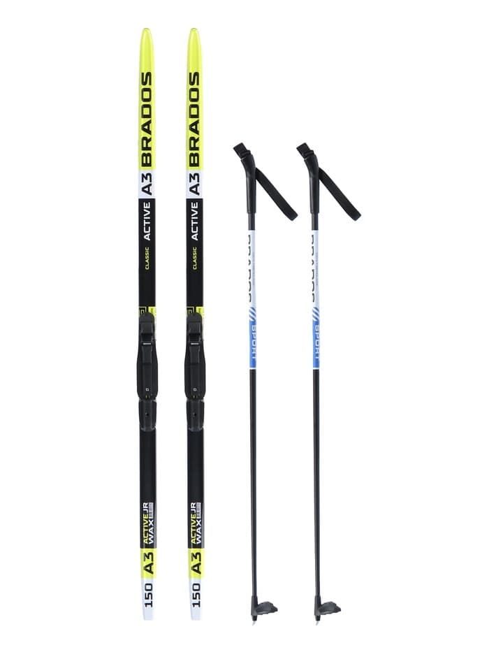 Комплект лыжный: пластиковые лыжи 150 см без насечек, стеклопластиковые палки 110 см, крепления SNS, цвета МИКС