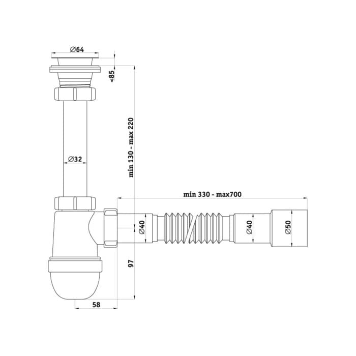 Сифон для раковины «АНИ Пласт» C1015, 1 1/4" × 40 мм с гибкой трубой 40×40/50 мм