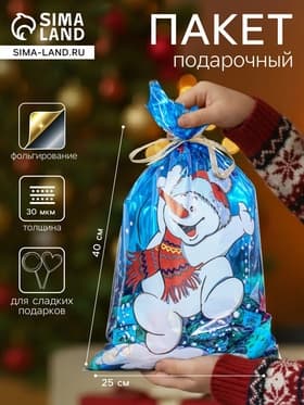 Пакет подарочный «Снеговик» 25×40 см, цветной металлизированный рисунок