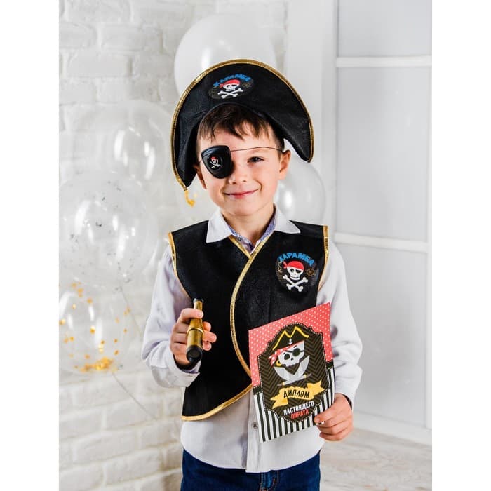 Карнавальный костюм «Пират», шляпа, жилетка, наглазник, орден, подзорная труба, кодекс