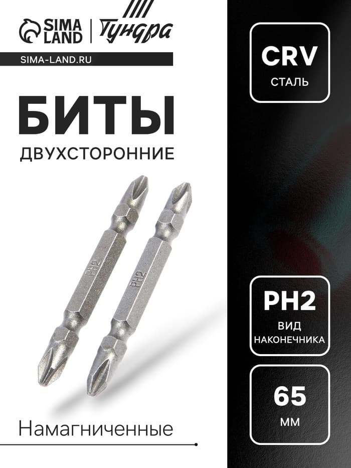 Биты двухсторонние ТУНДРА, намагниченные, сталь CrV, PH2×65 мм, 2 шт.